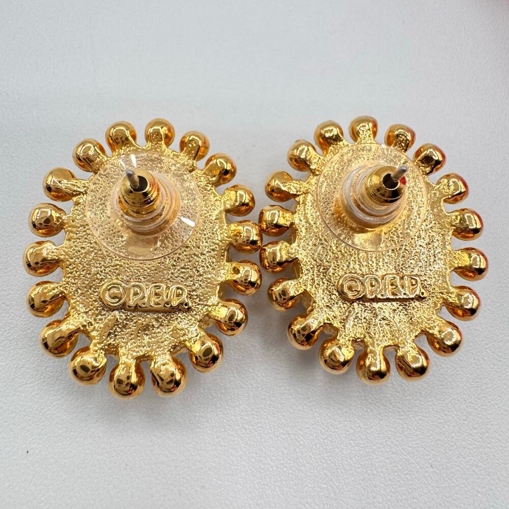 Vintage Erwin Pearl P.E.P. Signed Black Oval Cabochon Gold Tone Sputnik Earrings - Picture 3 of 7
